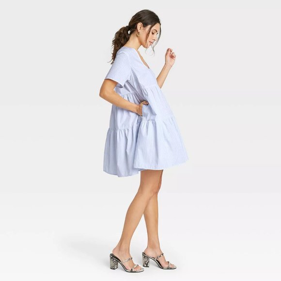 a new day Blue & White Striped Tiered Loose & Lightweight Dress with Pockets - Picture 3 of 4